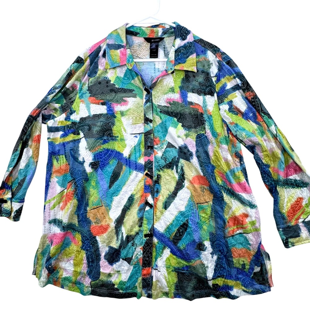 Ali Miles Button Front Top Womens‎ XL Multicolor Abstract Paisley Art to Wear